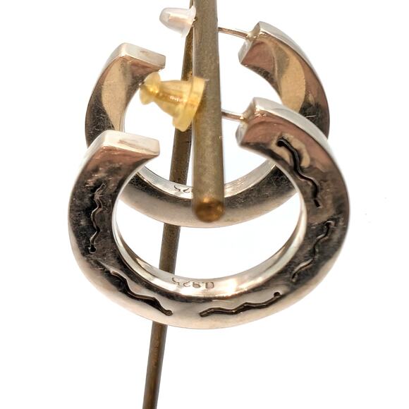 Solid 925 Sterling Silver Etched Design Hoop Earrings - Picture 4 of 6